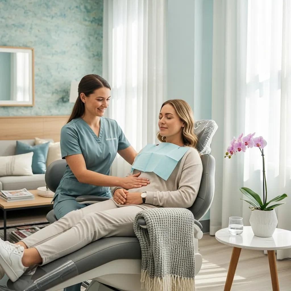 Dental team member providing reassuring support to an anxious patient in a calm setting