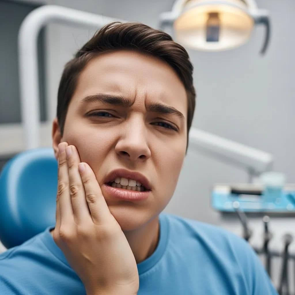 Person holding cheek from severe tooth pain inside a dental exam room